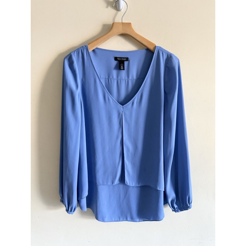 White House Black Market Sz 12 Women Pullover Blouse Long Sleeve V Blue Loose
